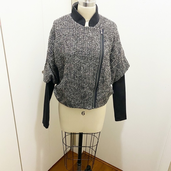 Zara Batwing Convertible Tweed Jacket Mandarin Collar or Lapels Grey Black M - Picture 13 of 16